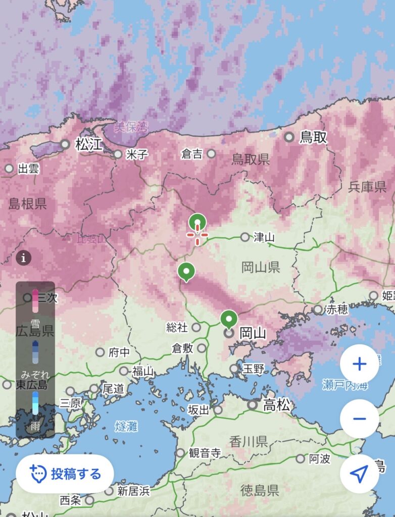 雪雲の様子、お天気レーダー