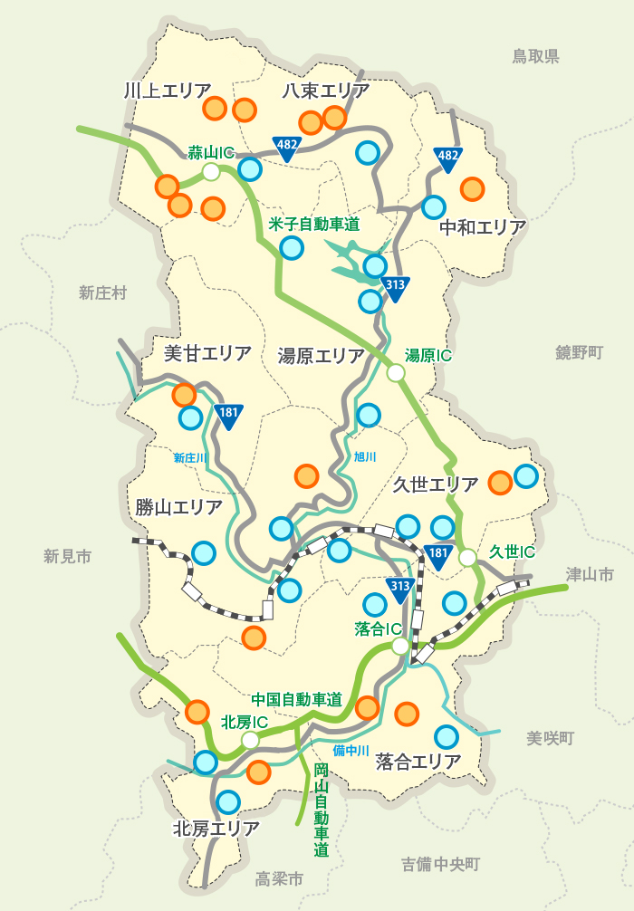 真庭市、ライブカメラ、設置状況の地図